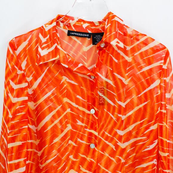 IMPRESSIONS Orange Abstract Long Sleeve Button Up Top - Picture 2 of 7
